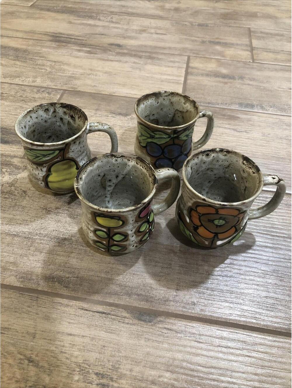 Vtg Otagiri Stoneware Mugs with Flower & Fruit Speckled Design MCM mugs Set Of 4